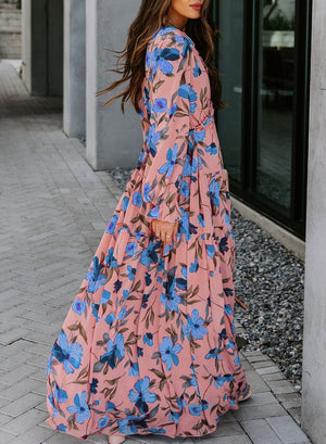 1010 V-neck tulle floral long-sleeved dress