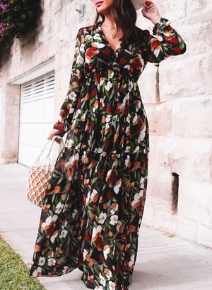 Black V-neck tulle floral long-sleeved dress