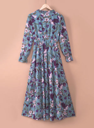 Blue V-neck tulle floral long-sleeved dress