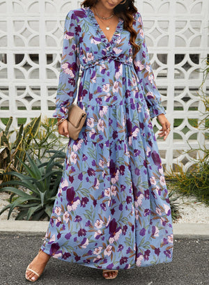 Blue V-neck tulle floral long-sleeved dress